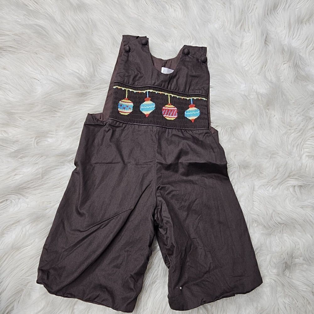 Smockadot Kids Brown Christmas Ornament Smocked Baby 6/9months Jon Jon Outfit...